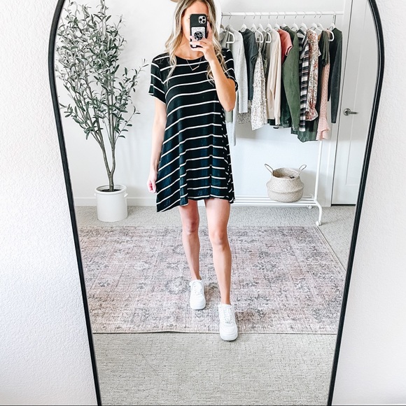 Black & White Striped Short Sleeve T-shirt Dress - Picture 2 of 10